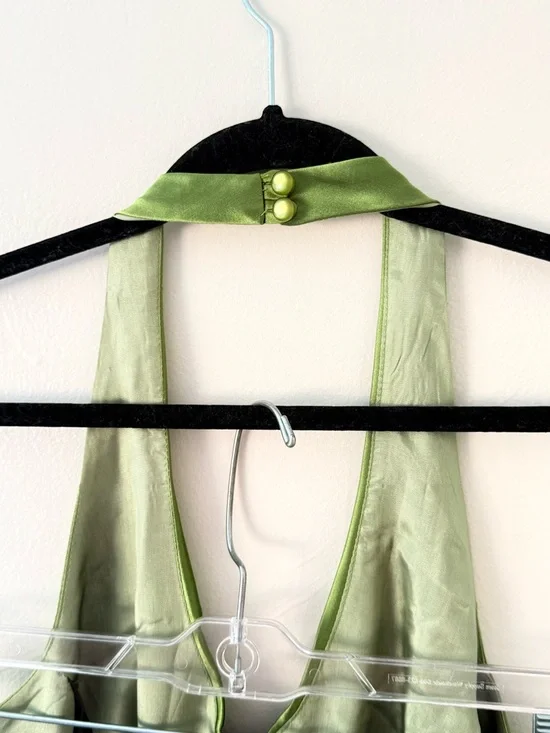 Vintage 90s Satin Slip Green Prom Dress Halter Rouched Maxi Gown Size 13/14 - Picture 8 of 17